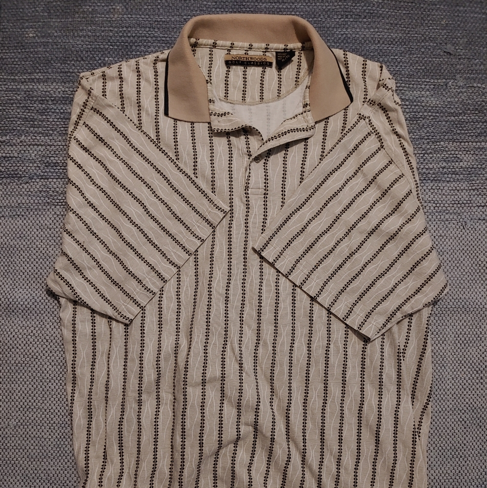 Mens Used Northwoods Sz XL/30 Navy Beige Gold Chevron Stripes Golf Shirt Polo